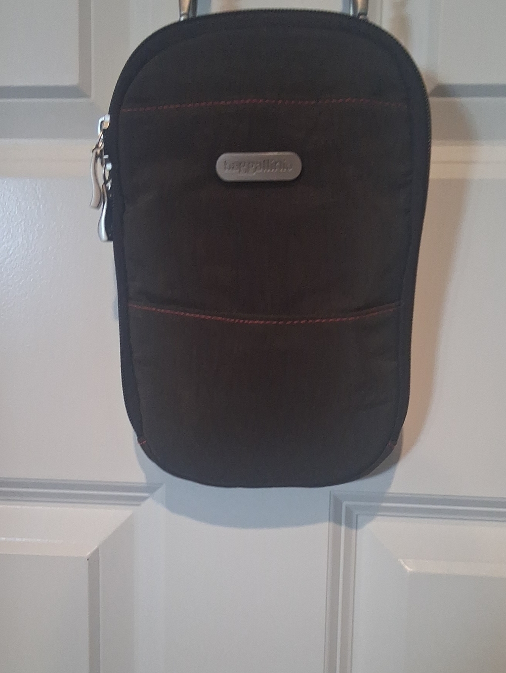 Baggalini Chocolate Brown Crossbody Bag with Red Stitching